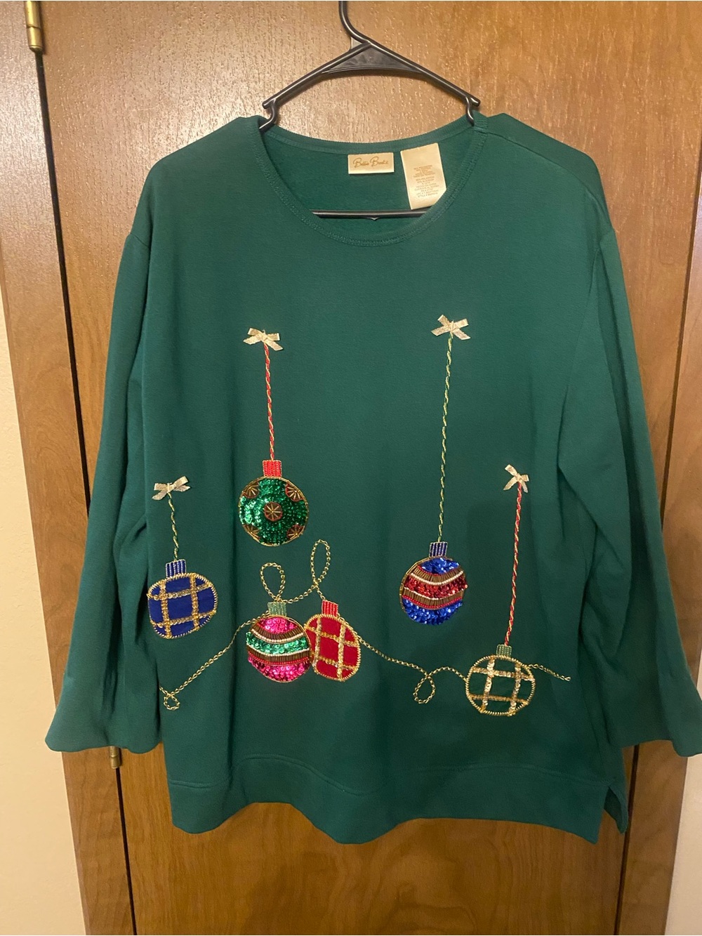 Bobbie Brooks Green Crewneck Sweater with Sequin Ornament Embellishments